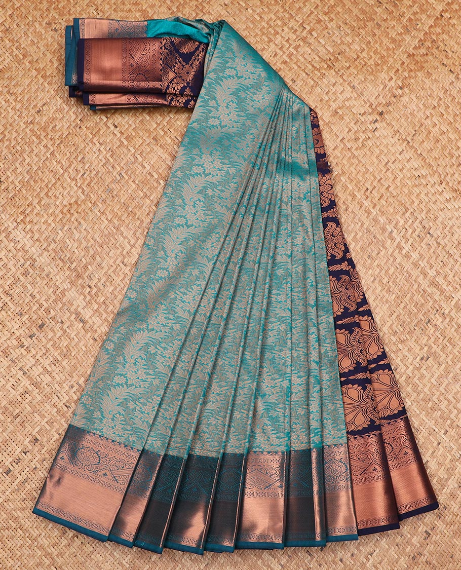 Blue jacquard gift saree, contrast traditional zari design border, and intricate pallu