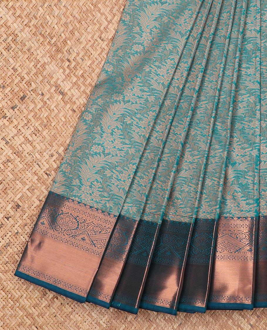 Blue jacquard gift saree, contrast traditional zari design border, and intricate pallu