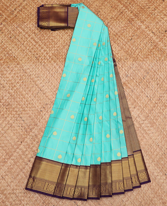 Blue zari butta enclosed checked gift saree, contrast traditional zari designs border, and jaal pallu