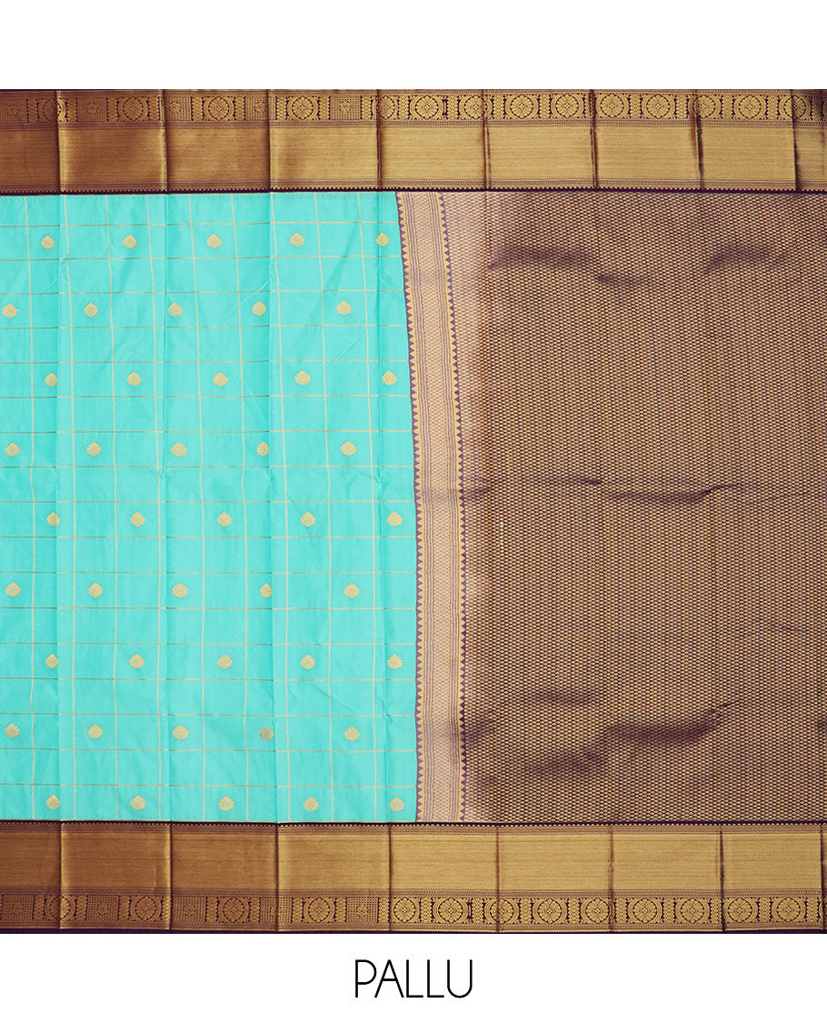 Blue zari butta enclosed checked gift saree, contrast traditional zari designs border, and jaal pallu