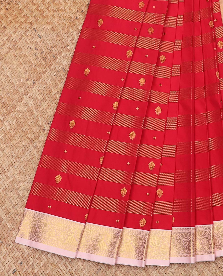 Red zari buttas and striped gift saree, contrast traditional zari design border, and intricate pallu