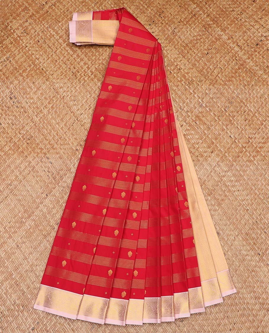 Red zari buttas and striped gift saree, contrast traditional zari design border, and intricate pallu