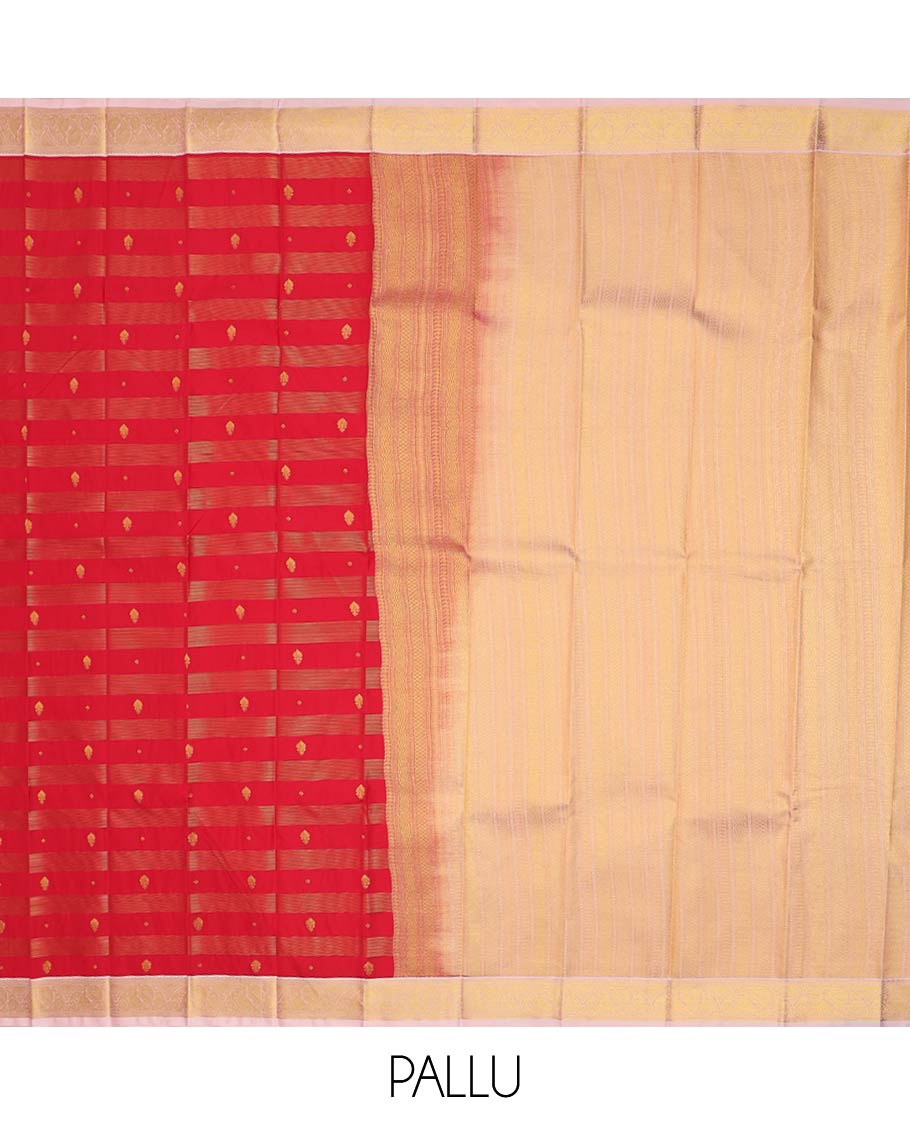 Red zari buttas and striped gift saree, contrast traditional zari design border, and intricate pallu