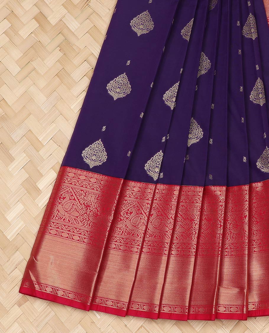 Blue zari buttas gift saree, contrast traditional zari design border, and intricate pallu