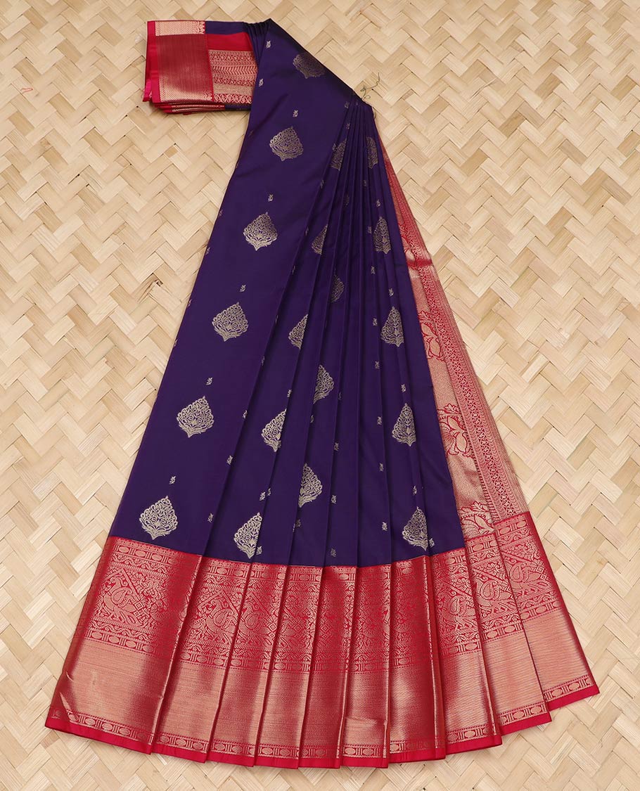 Blue zari buttas gift saree, contrast traditional zari design border, and intricate pallu