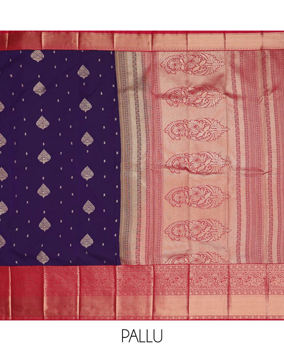 Blue zari buttas gift saree, contrast traditional zari design border, and intricate pallu