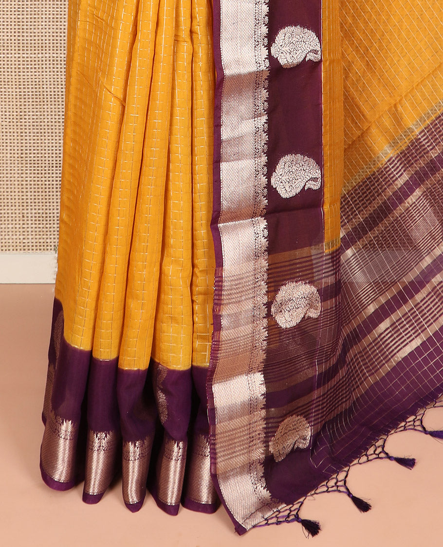 Yellow zari checked Assam silk saree, contrast traditional zari border of paisleys, and pallu of zari stripes