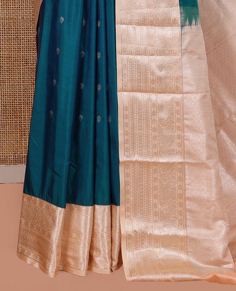 Blue Budget Silk Saree, Ornamented with Zari Buttas on Its Body, Complemented by a Contrast Traditional Zari Design Border, Intricate Jaal Pallu, and Paired with a Contrast Blouse