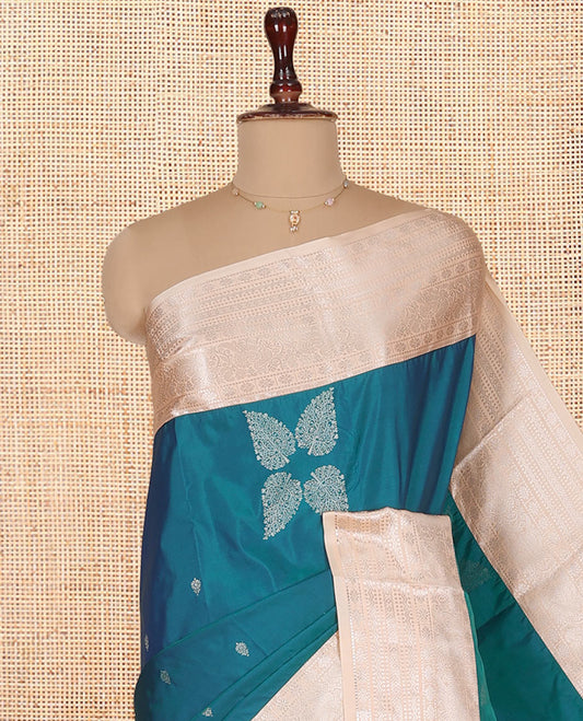 Blue Budget Silk Saree, Ornamented with Zari Buttas on Its Body, Complemented by a Contrast Traditional Zari Design Border, Intricate Jaal Pallu, and Paired with a Contrast Blouse