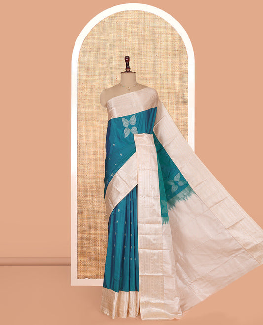 Blue Budget Silk Saree, Ornamented with Zari Buttas on Its Body, Complemented by a Contrast Traditional Zari Design Border, Intricate Jaal Pallu, and Paired with a Contrast Blouse