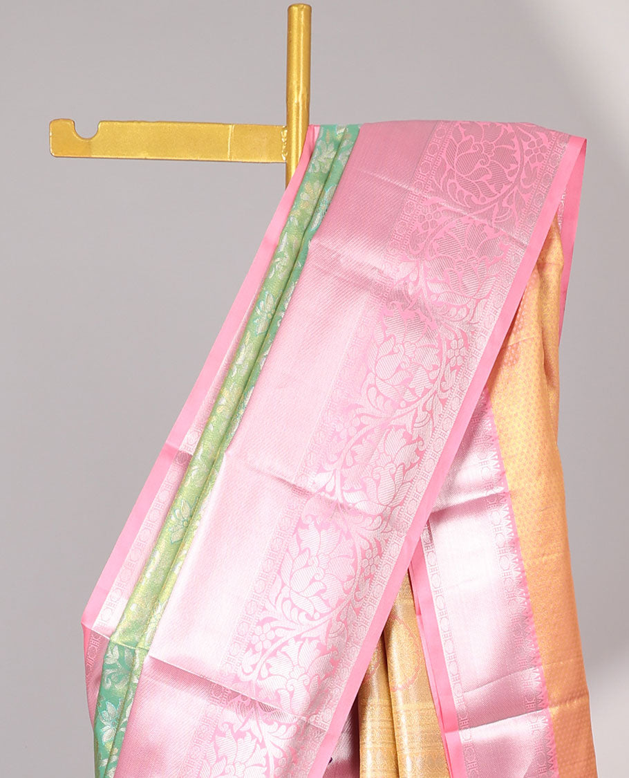 Green jacquard budget silk saree with contrast traditional saree & floral buttas , striped pallu