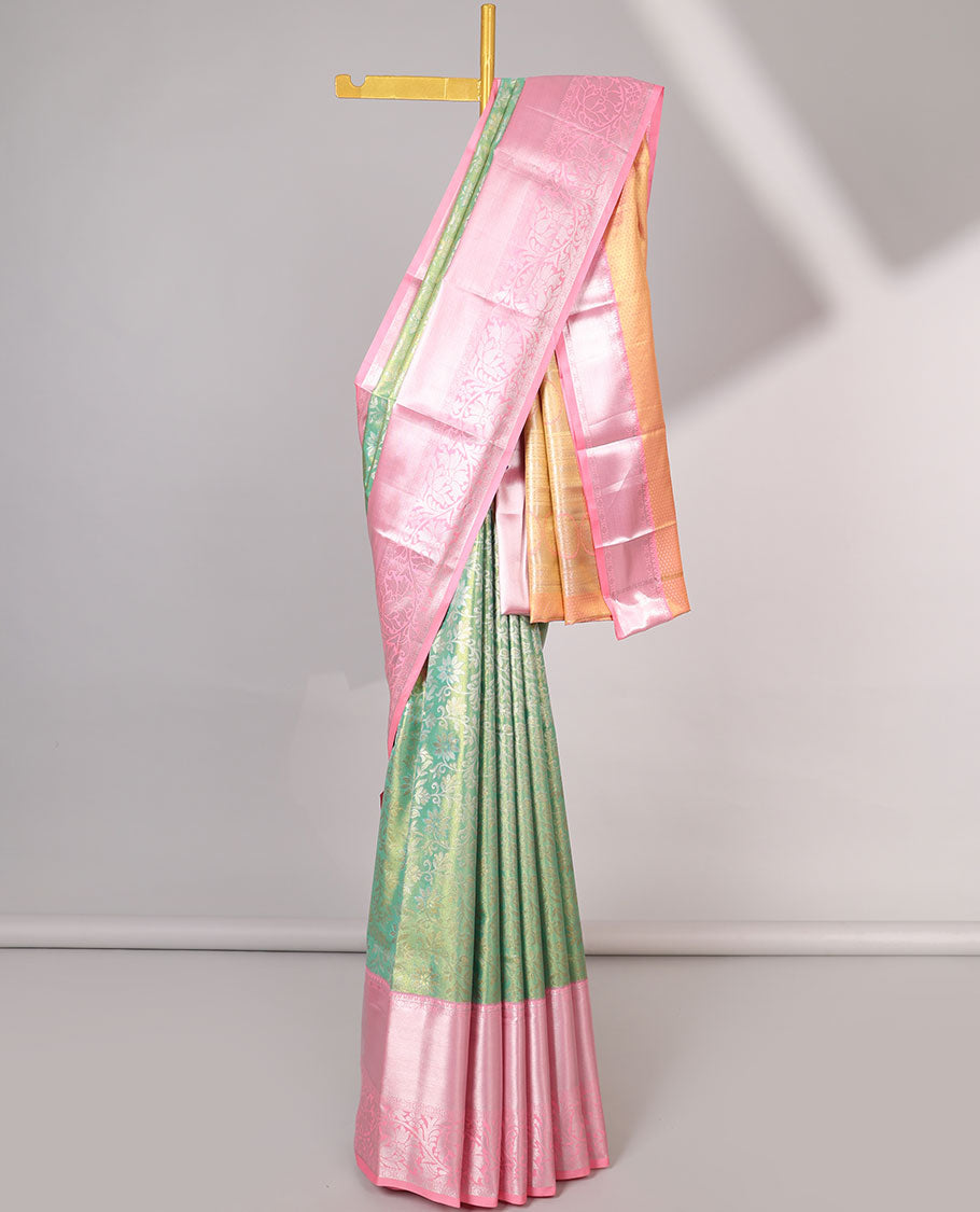 Green jacquard budget silk saree with contrast traditional saree & floral buttas , striped pallu