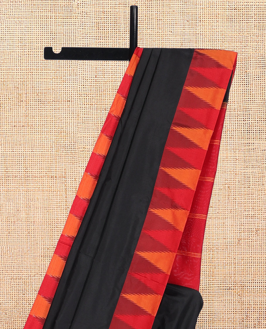 Black Plain Bangalore Silk Saree, Complemented by a Contrast Temple Border, Striped Pallu, and Contrast Blouse