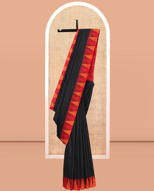 Black Plain Bangalore Silk Saree, Complemented by a Contrast Temple Border, Striped Pallu, and Contrast Blouse