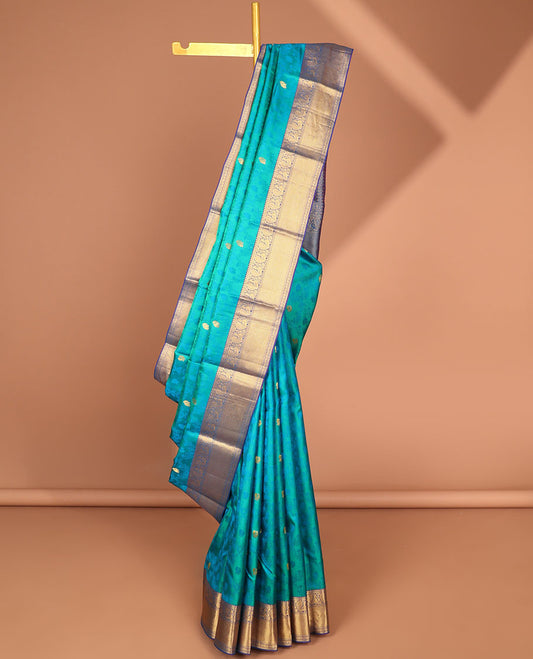 Blue Bangalore silksaree with buttas, contrast traditional motifs border & pallu of intricate zari designs