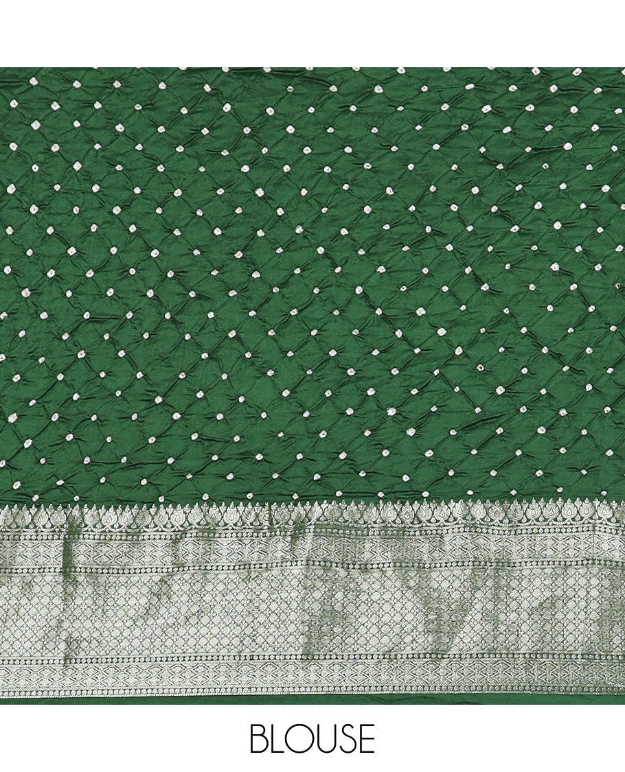 Light green bandhani silk saree with contrast zari design border & floral design pallu