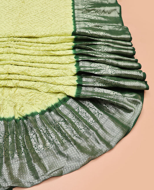 Light green bandhani silk saree with contrast zari design border & floral design pallu