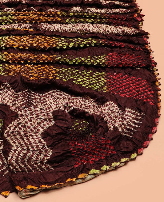 Borderless brown tie-dye bandhani dotted bandhani silk saree, contrast ajrakh printed pallu