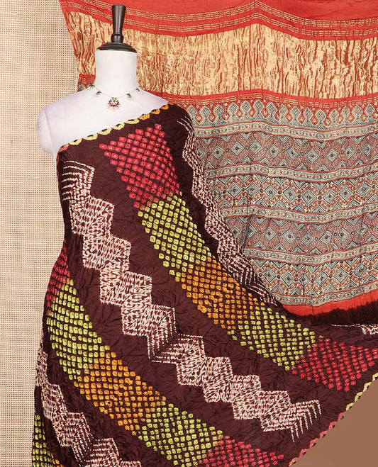 Borderless brown tie-dye bandhani dotted bandhani silk saree, contrast ajrakh printed pallu