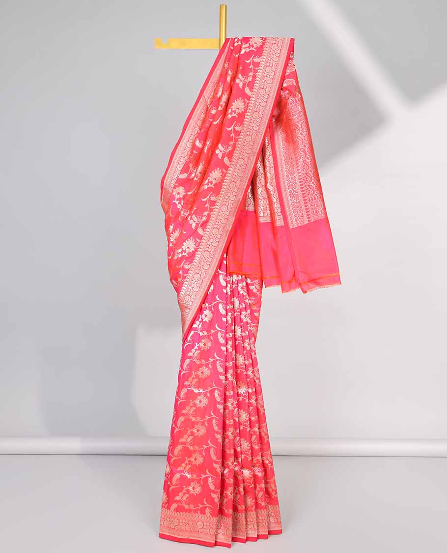 Pink floral jacquard banaras silk saree with self intricate zari border & floral zari design pallu
