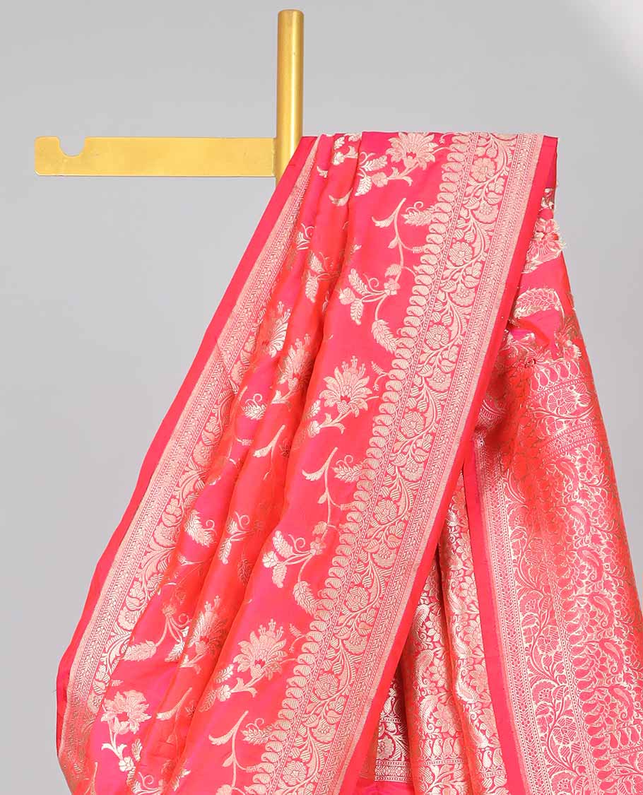 Pink floral jacquard banaras silk saree with self intricate zari border & floral zari design pallu