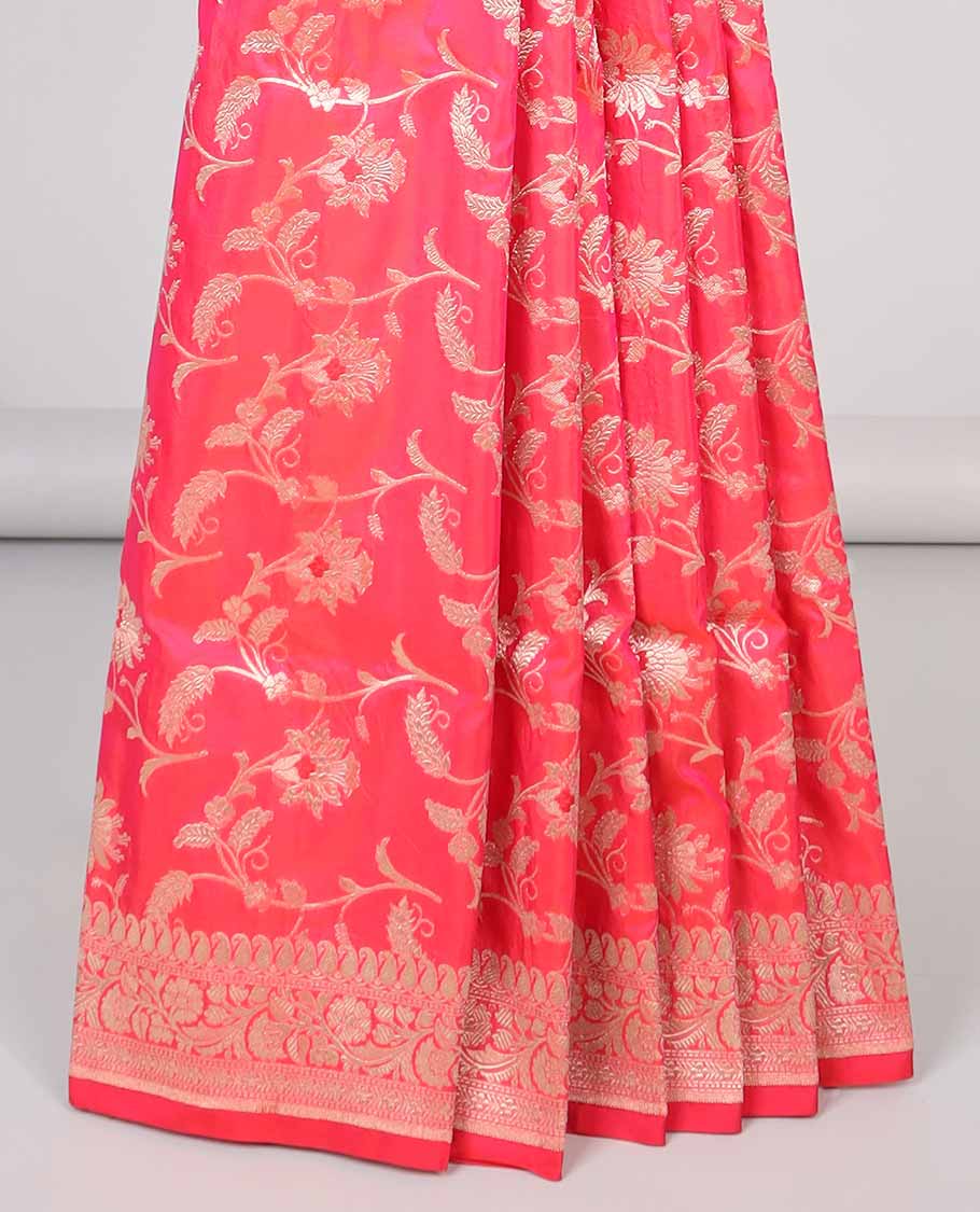 Pink floral jacquard banaras silk saree with self intricate zari border & floral zari design pallu