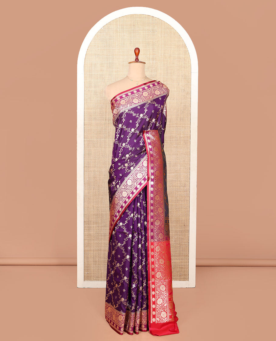Purple Semi-Banaras Saree, Majestically Detailed with Jaal Jacquard on Its Body, Complemented by Floral Creeper Design Border, Intricately Designed Pallu, and Paired with a Contrast Blouse