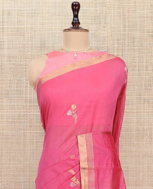 Pink Chanderi Cotton Saree, Bedecked with Zari Buttas All Over Its Body, Highlighted by a Zari Border, Pallu  of Zari Buttas, and Paired with a Matching Blouse