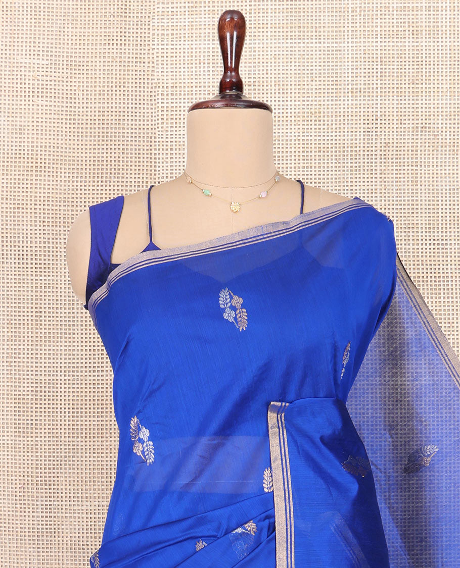 Royal Blue Chanderi Cotton Saree, Elevated with Buttas All Over Its Body, Highlighted by a Zari Piping Border, Pallu Steeped with Zari Designs, and Paired with a Matching Blouse