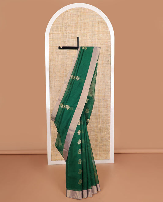 Green floral motifs chanderi cotton saree with self zari border & striped pallu