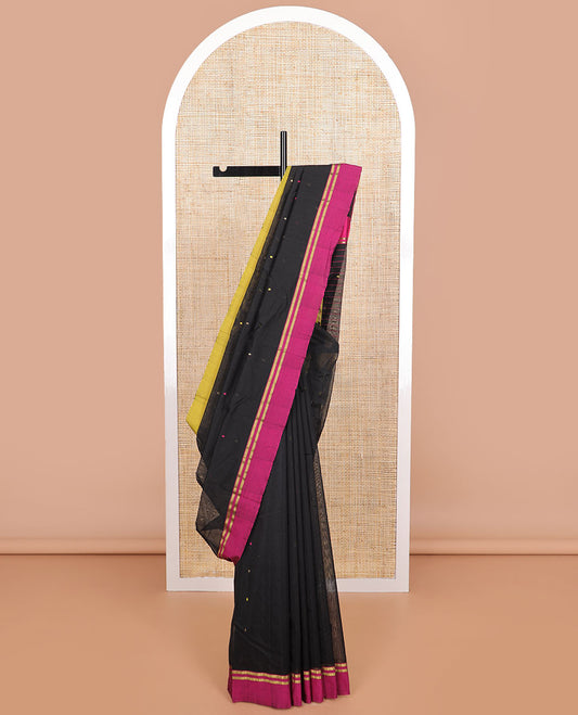 Black polka dot chanderi cotton saree with contrast ganga jamuna border & striped, polka dot pallu