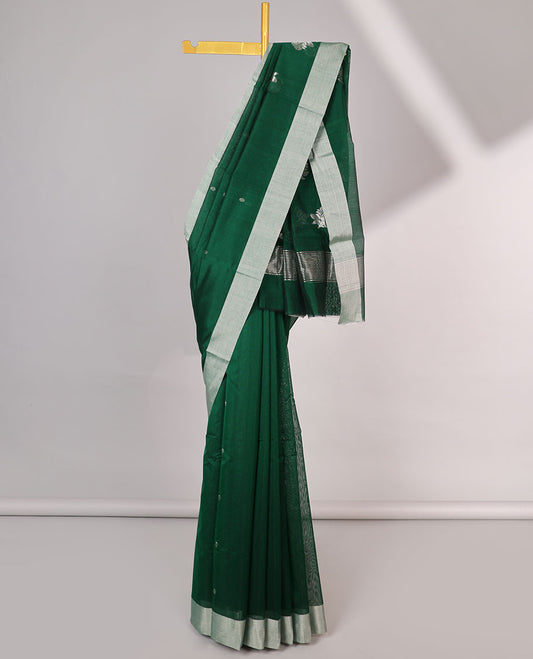 Green round motifs printed chanderi cotton saree with contrast plain border & floral motifs pallu