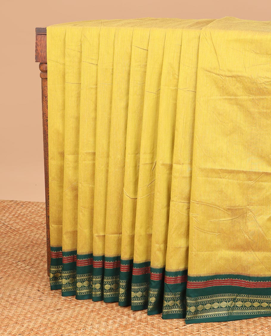 Yellow nine yards cotton saree with contrast zari design border & ogee design pallu
