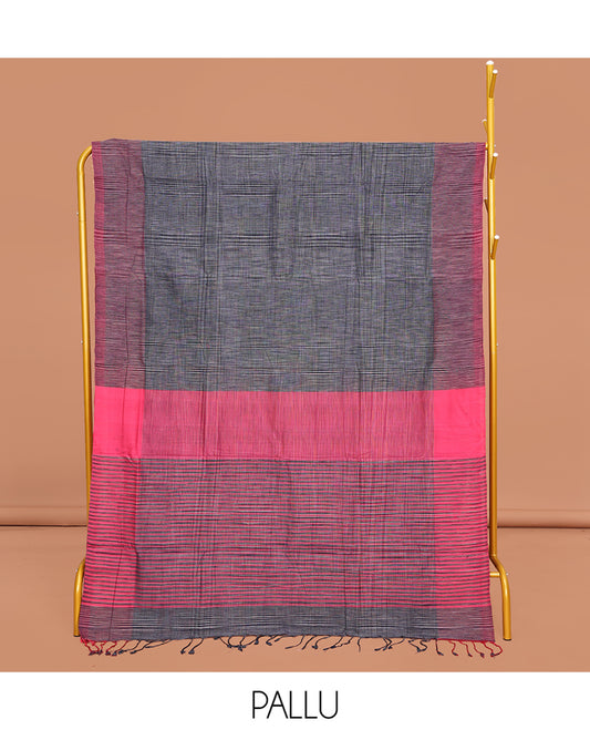 Grey Heathered Textured Mangalgiri Cotton Saree, Complemented by Contrast Heathered Textured Border, Striped Pallu and Paired with a Contrast Blouse