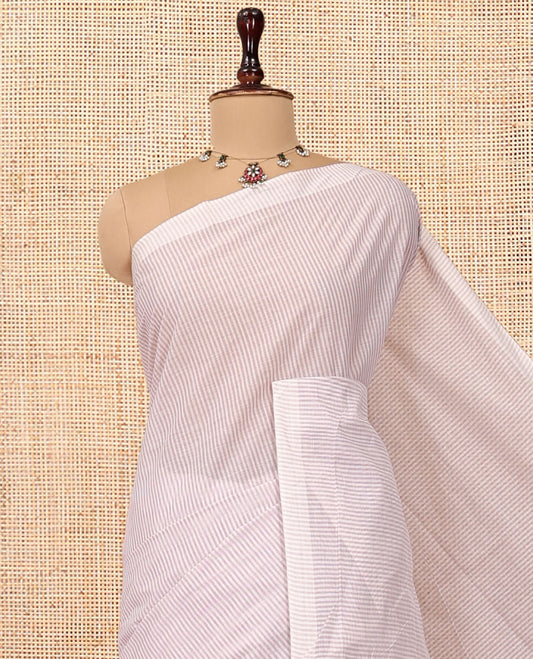 Borderless Pale Pink Jute Cotton Saree, Sparsely Woven with Stripes, a Self-Pallu Depicts Peacock Designs, and a Matching Blouse