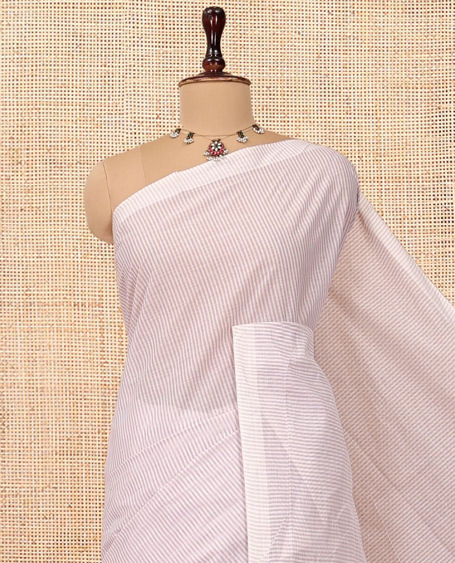 Borderless Pale Pink Jute Cotton Saree, Sparsely Woven with Stripes, a Self-Pallu Depicts Peacock Designs, and a Matching Blouse