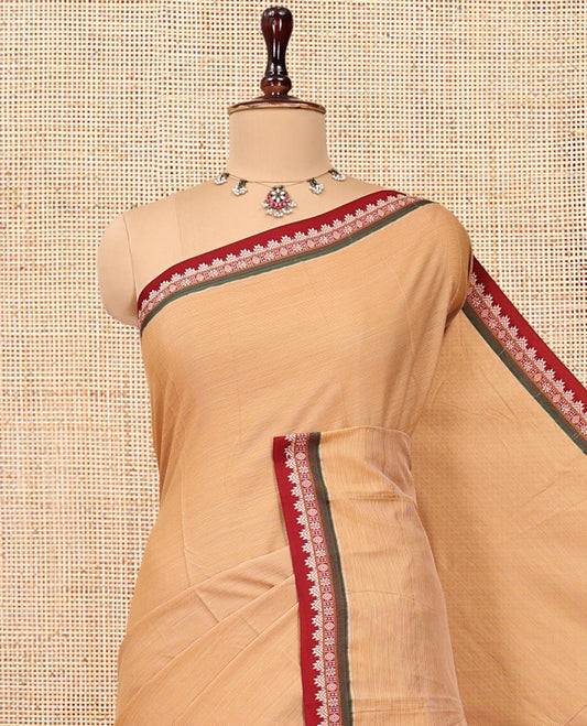 Sandal Plain Narayanpet Cotton Saree, Complemented by a Contrast Traditional Thread Border, Striped Pallu, and a Matching Blouse