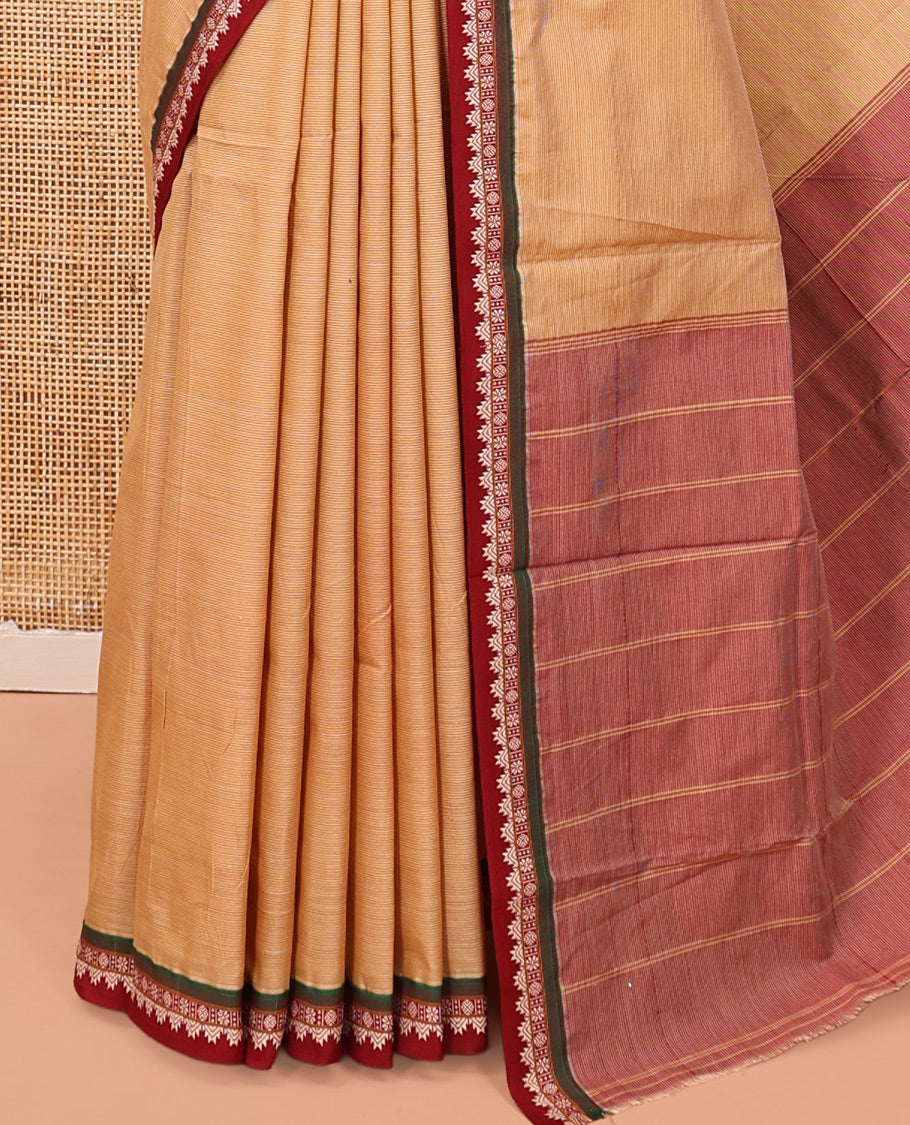 Sandal Plain Narayanpet Cotton Saree, Complemented by a Contrast Traditional Thread Border, Striped Pallu, and a Matching Blouse