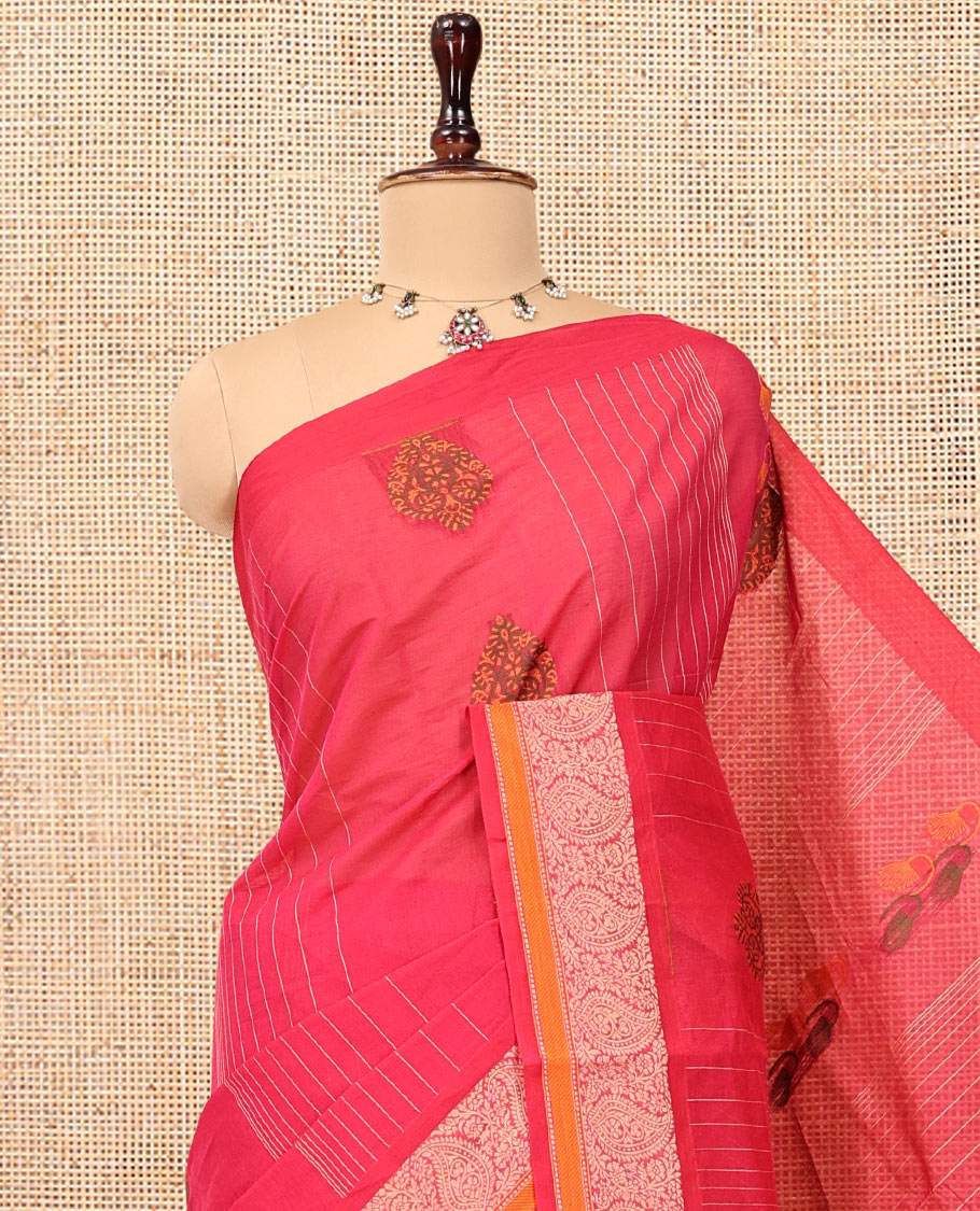 Pink Cotton Saree, Detailed with Buttas and Stripes, Highlighted by Paisley Border, Pallu Depicting Paisleys, and a Matching Blouse