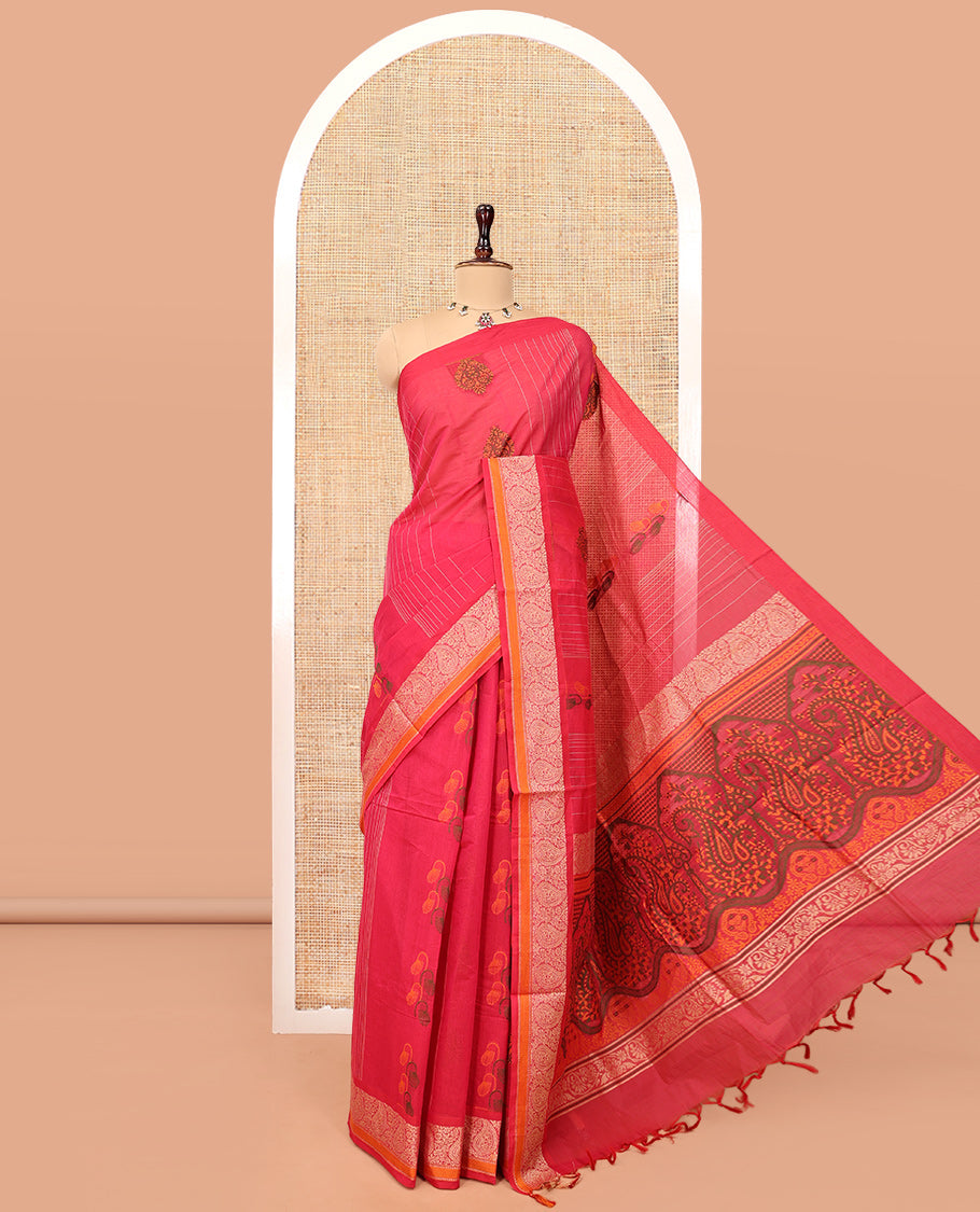 Pink Cotton Saree, Detailed with Buttas and Stripes, Highlighted by Paisley Border, Pallu Depicting Paisleys, and a Matching Blouse