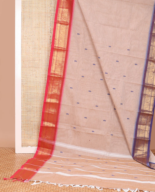 Sandal buttas Chettinad cotton saree, contrast ganga jamuna traditional zari border, and pallu of stripes, and buttas