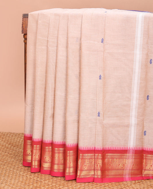 Sandal buttas Chettinad cotton saree, contrast ganga jamuna traditional zari border, and pallu of stripes, and buttas