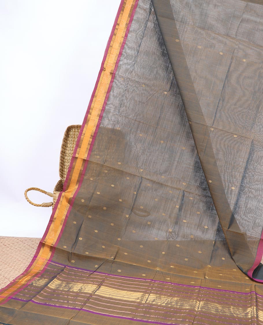 Grey buttas Vengatagiri cotton saree, contrast zari border & pallu of zari designs