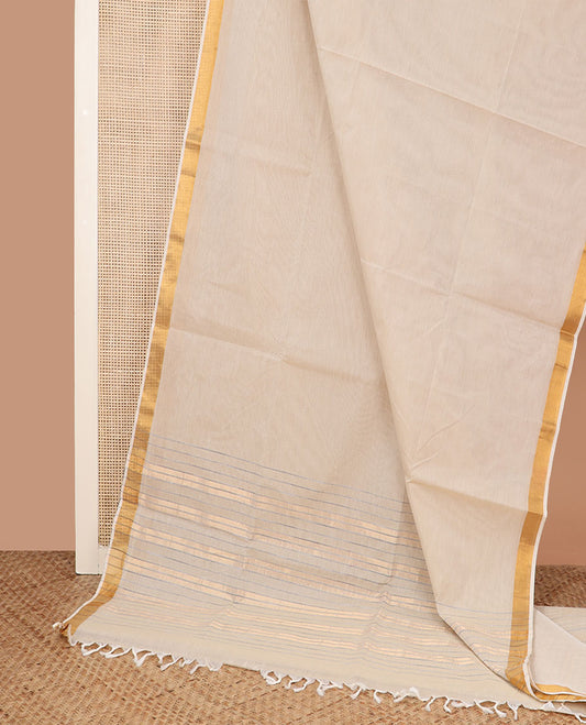 Sandal plain jute cotton saree, zari border, and zari striped pallu