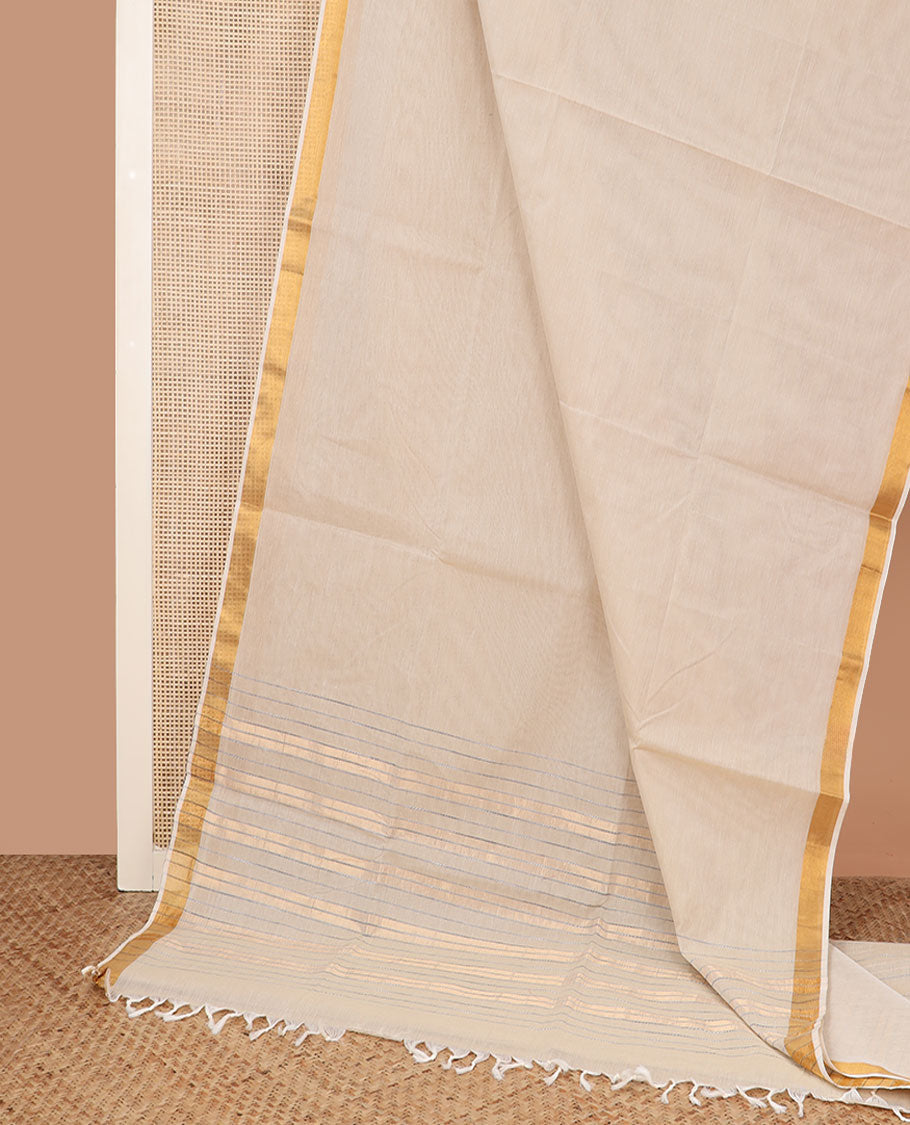 Sandal plain jute cotton saree, zari border, and zari striped pallu
