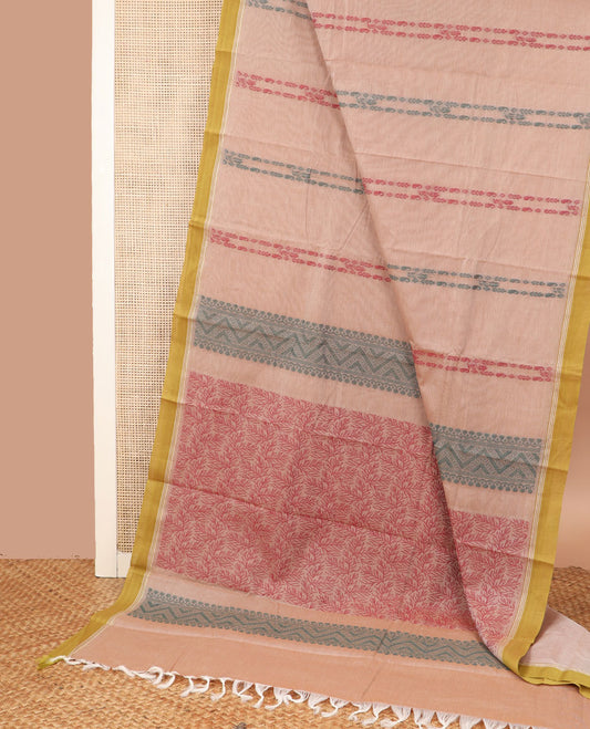Sandal buttas woven Kanchi cotton saree, contrast plain border, and pallu of leaf motifs