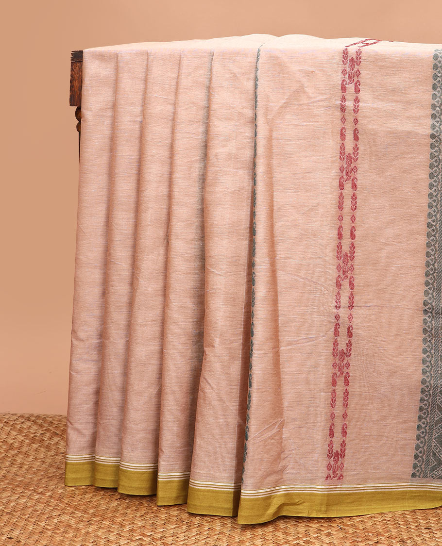 Sandal buttas woven Kanchi cotton saree, contrast plain border, and pallu of leaf motifs