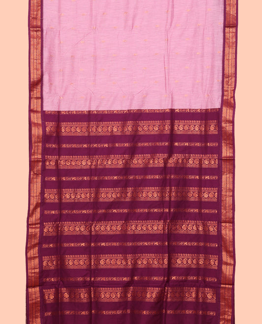 Pink Nine Yard Cotton Saree, Subtly Sparkled with Buttas All Over Its Body, Complemented by Contrast Traditional Zari Design Border, Pallu of Traditional Designs, and Comes Without a Blouse