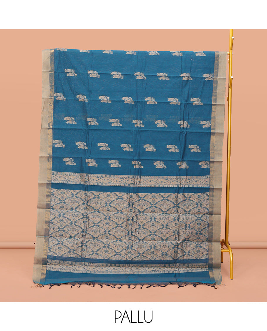 Blue Kanchi Cotton Saree, Accentuated with Thread Buttas On Its Body, Complemented by a Contrast Border, Intricately Designed Pallu, and a Matching Blouse