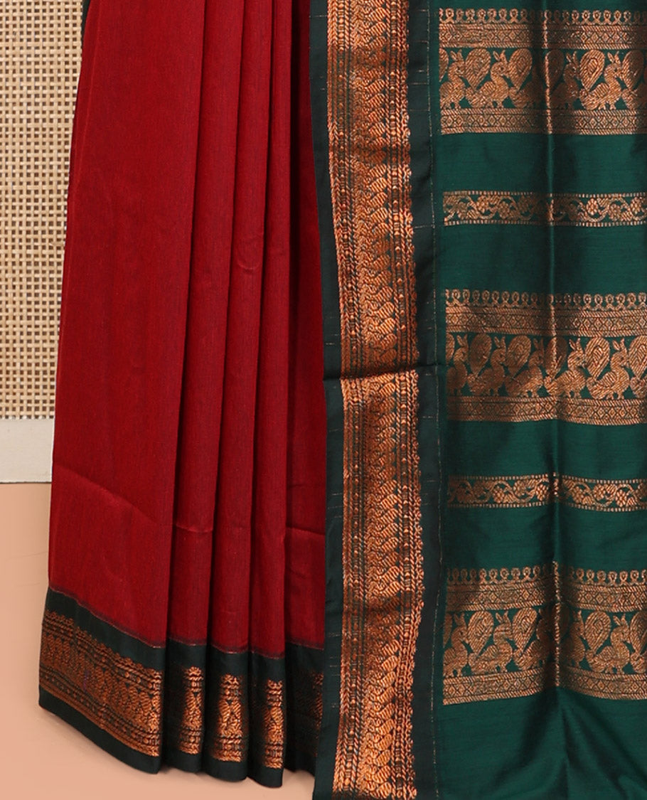 Red Kalyani Cotton Saree, Woven with Thread Buttas, Complemented by a Contrast Traditional Border, Traditional Pallu, and a Contrast Blouse